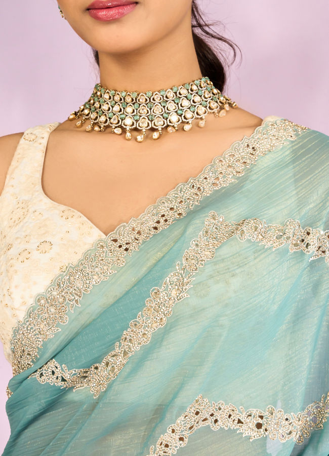 Mohey Women Elegant Light Blue Saree Ensemble