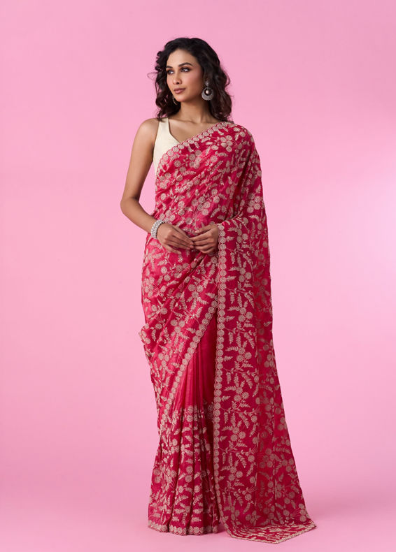 Mohey Women Rani Pink Exquisite Chinon Bridal Saree