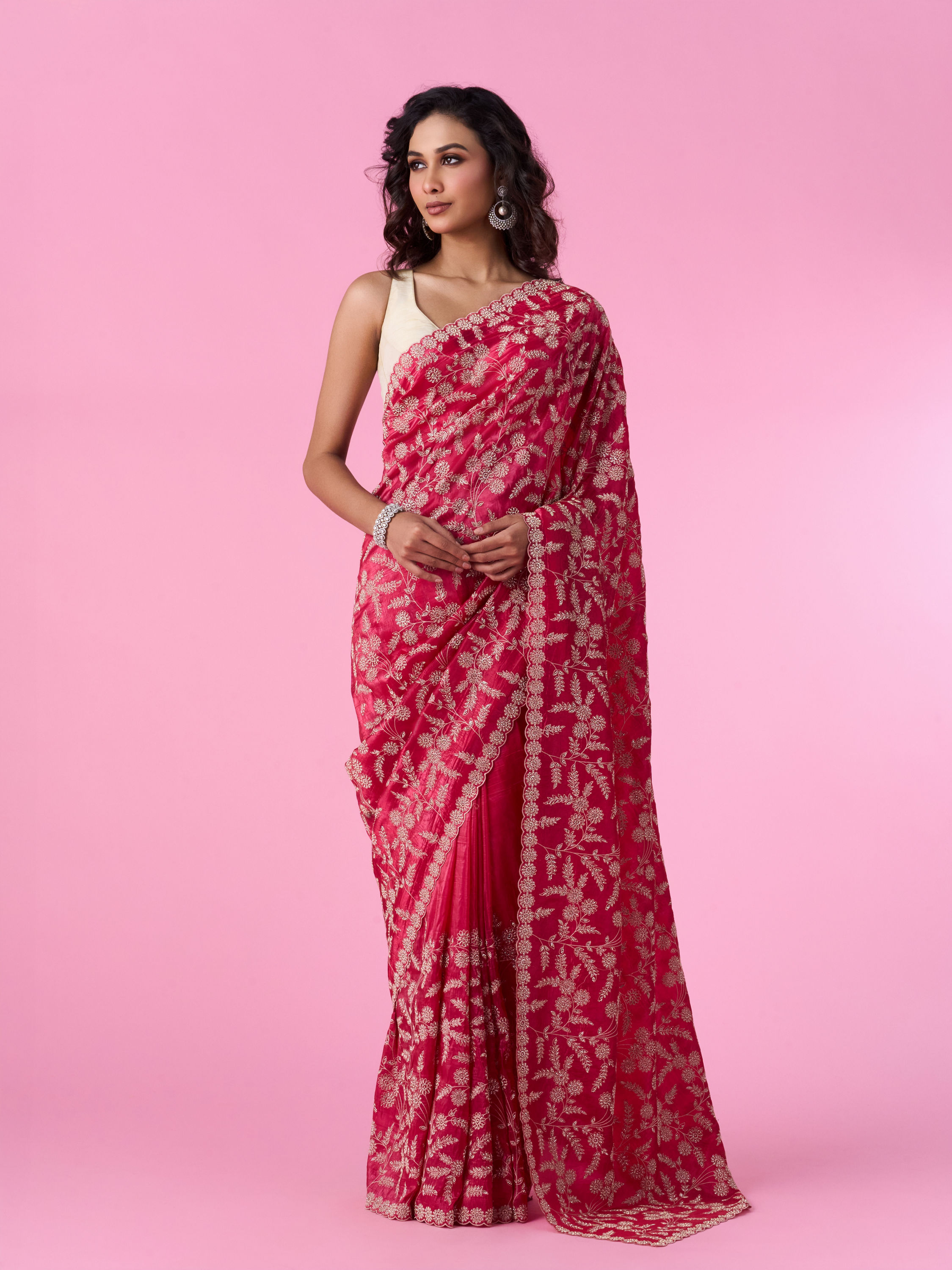 Mohey Women Rani Pink Exquisite Chinon Bridal Saree