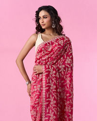 Mohey Women Rani Pink Exquisite Chinon Bridal Saree