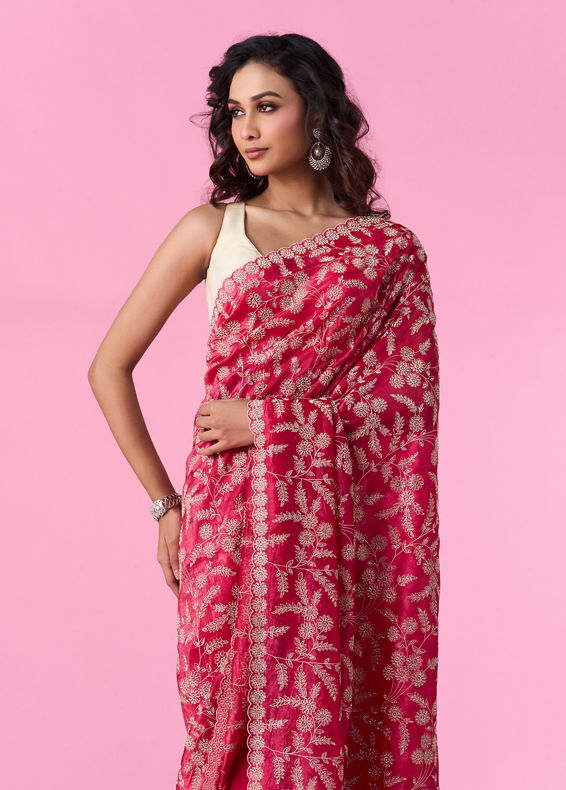 Mohey Women Rani Pink Exquisite Chinon Bridal Saree