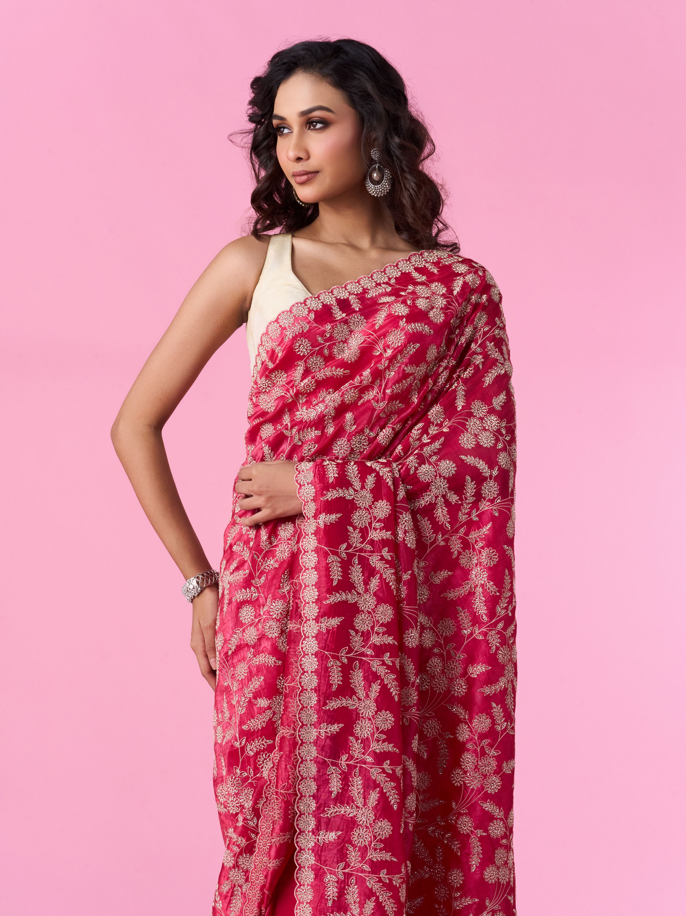 Mohey Women Rani Pink Exquisite Chinon Bridal Saree
