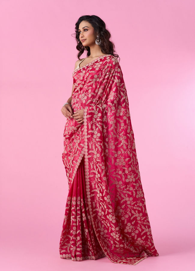 Mohey Women Rani Pink Exquisite Chinon Bridal Saree