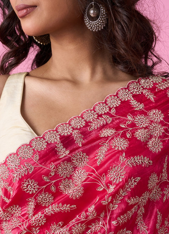 Mohey Women Rani Pink Exquisite Chinon Bridal Saree