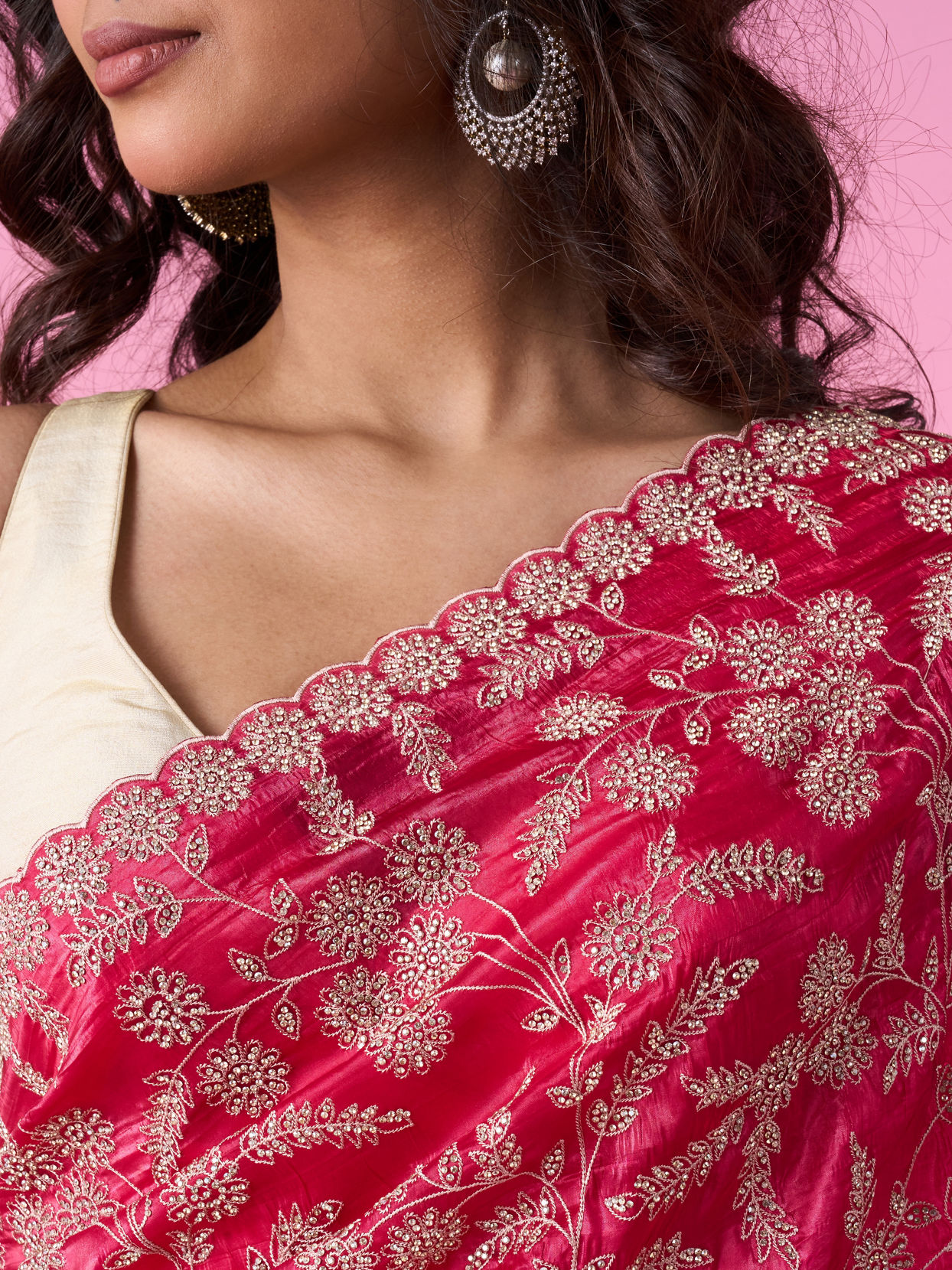 Mohey Women Rani Pink Exquisite Chinon Bridal Saree