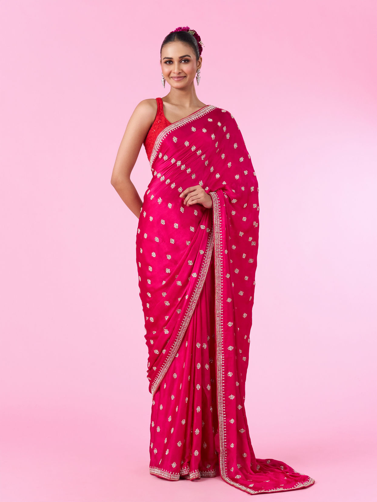 Mohey Women Rani Pink Satin Elegance Saree