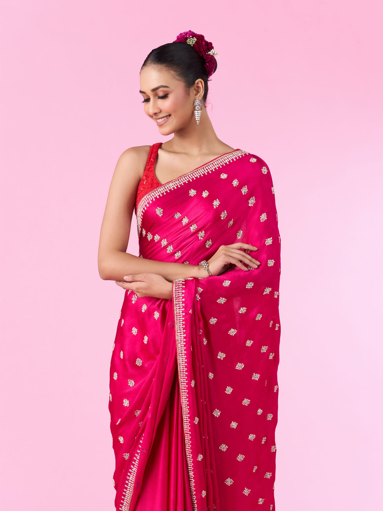 Mohey Women Rani Pink Satin Elegance Saree