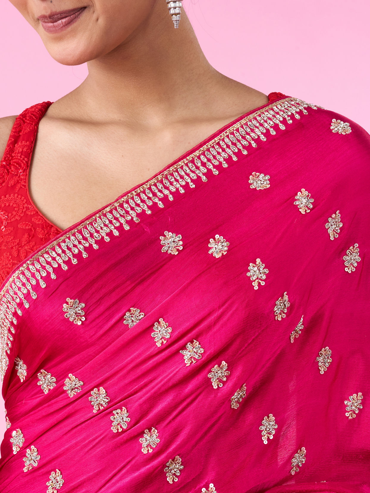 Mohey Women Rani Pink Satin Elegance Saree