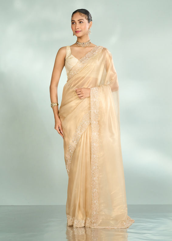 Mohey Women Ethereal Beige Organza Saree