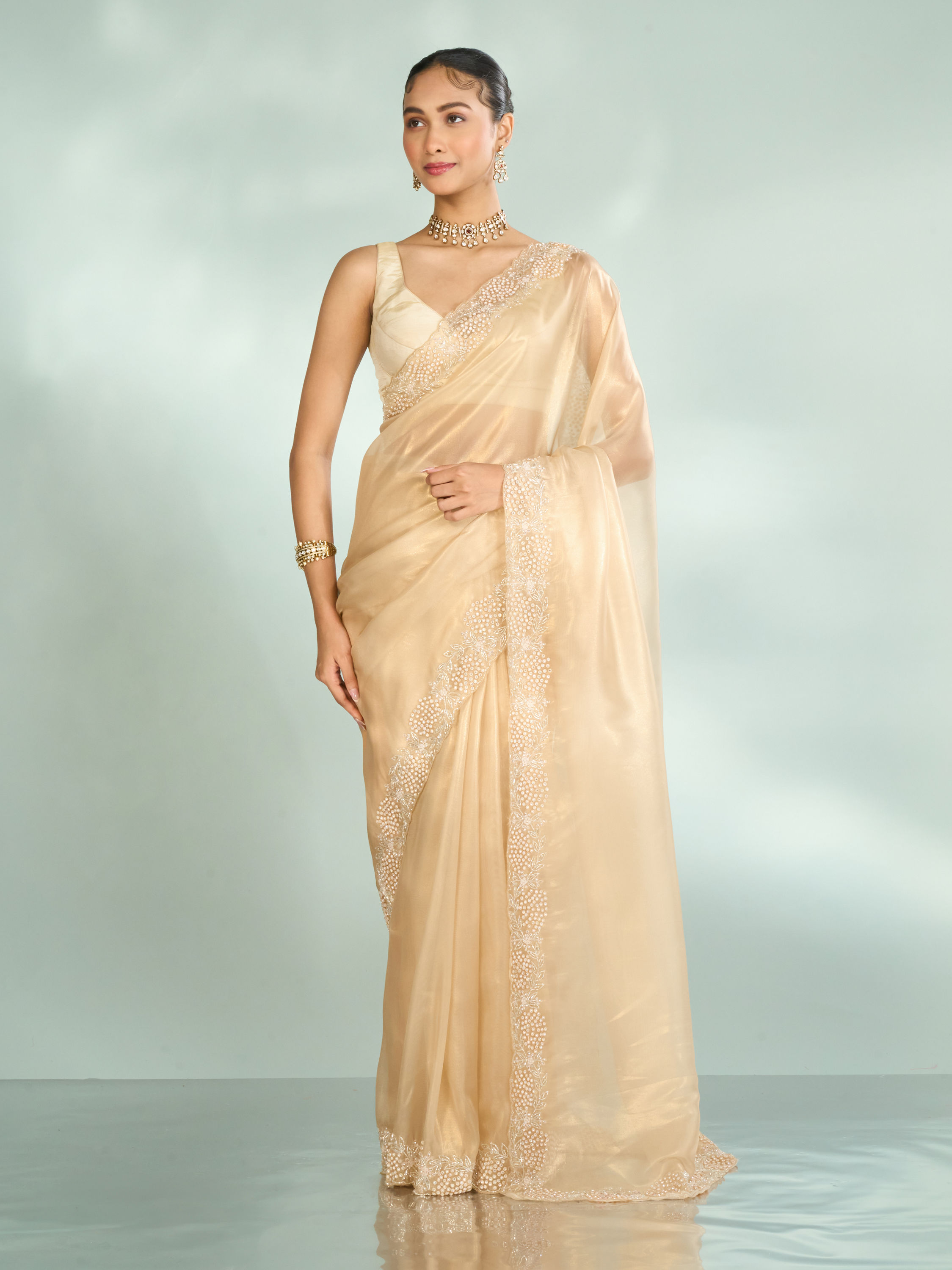 Mohey Women Ethereal Beige Organza Saree