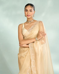 Mohey Women Ethereal Beige Organza Saree