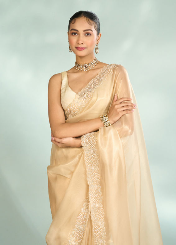 Mohey Women Ethereal Beige Organza Saree