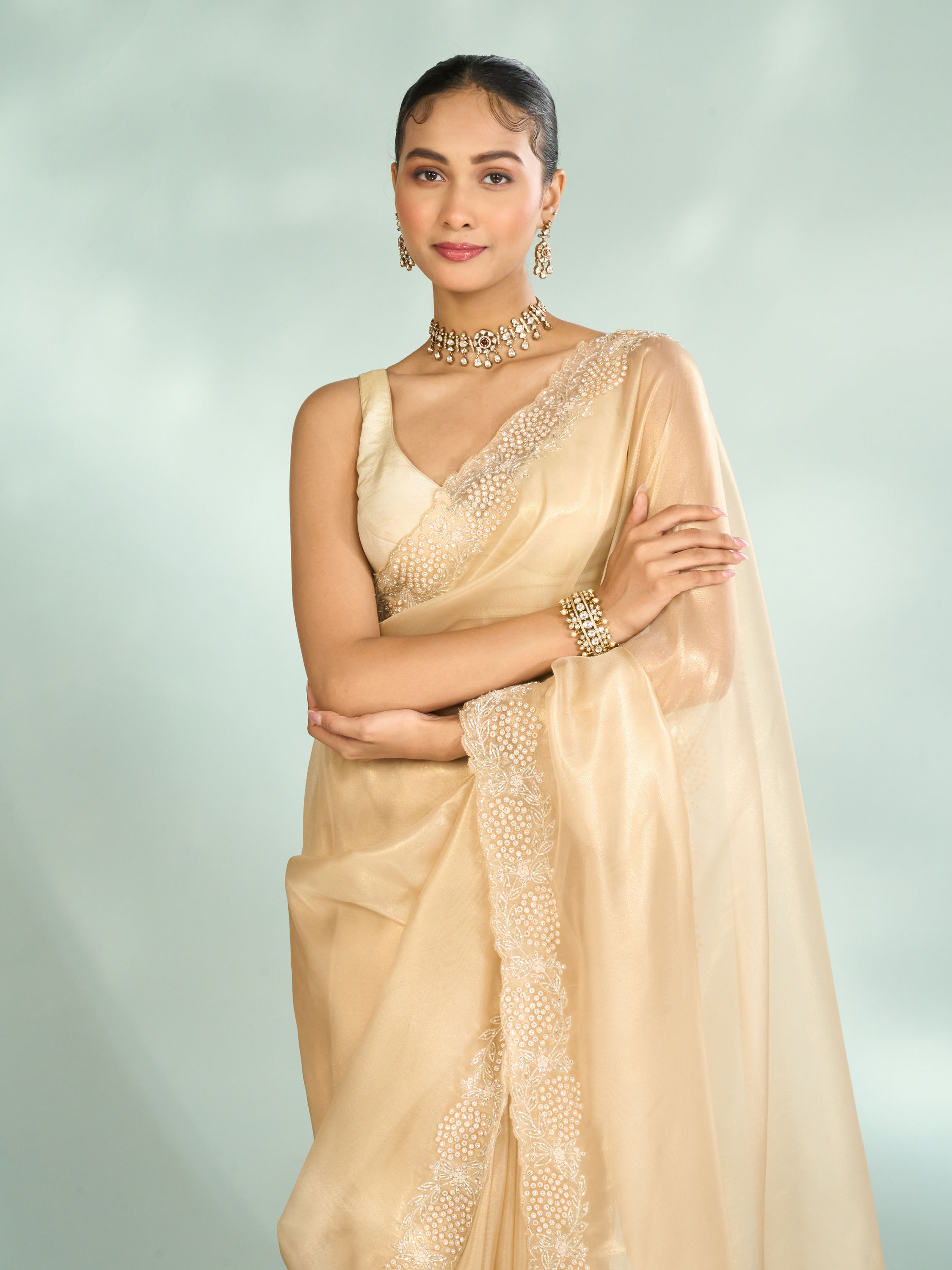 Mohey Women Ethereal Beige Organza Saree