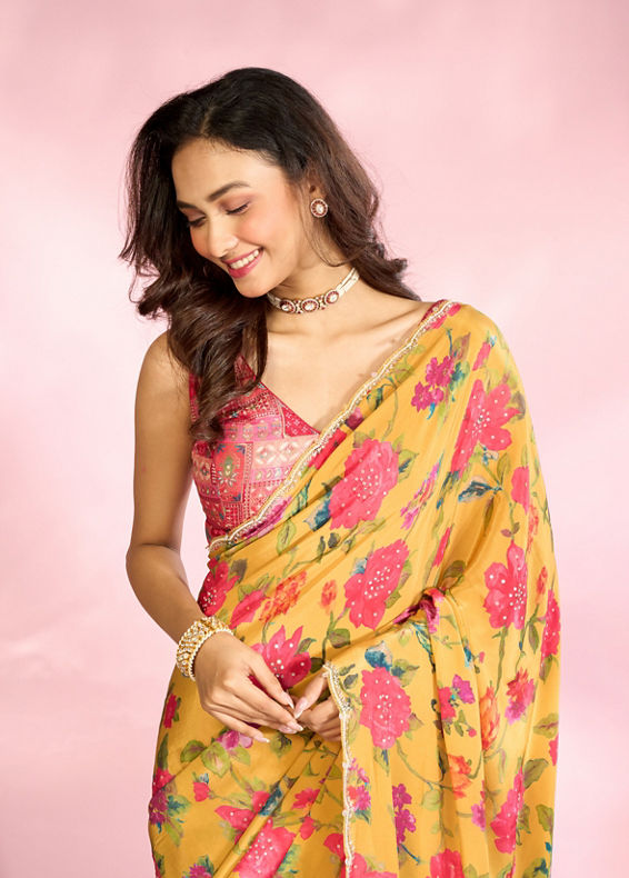 Mohey Women Radiant Mustard Yellow Satin Saree