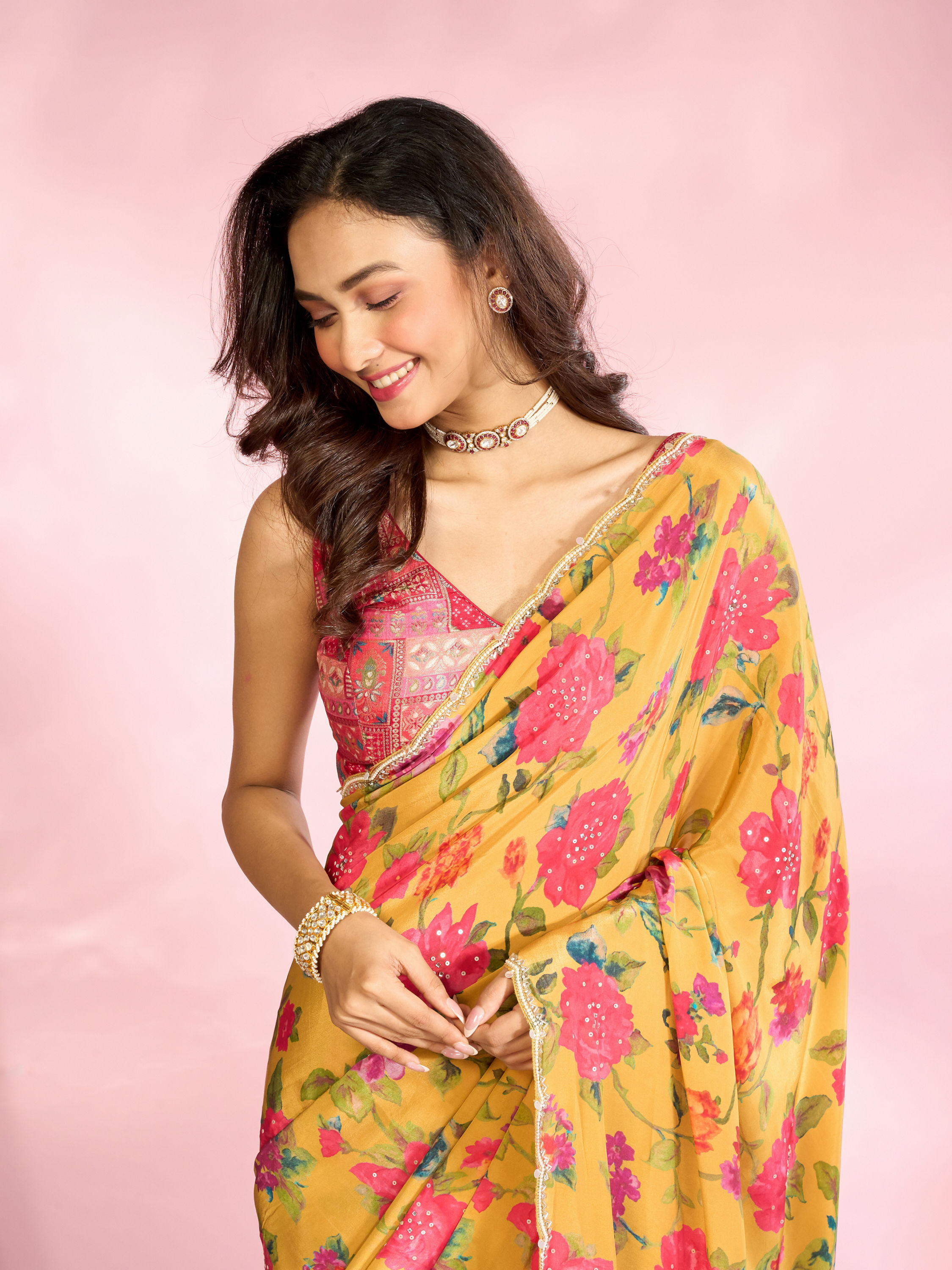 Mohey Women Radiant Mustard Yellow Satin Saree