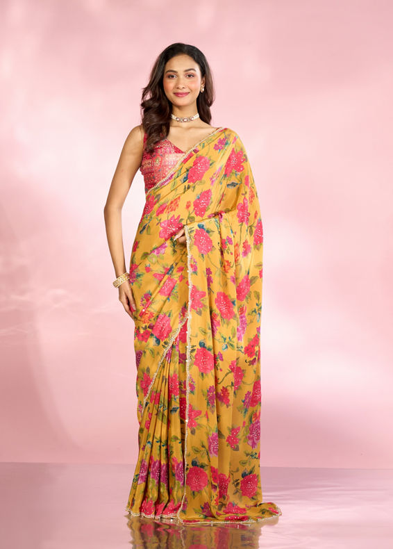 Mohey Women Radiant Mustard Yellow Satin Saree