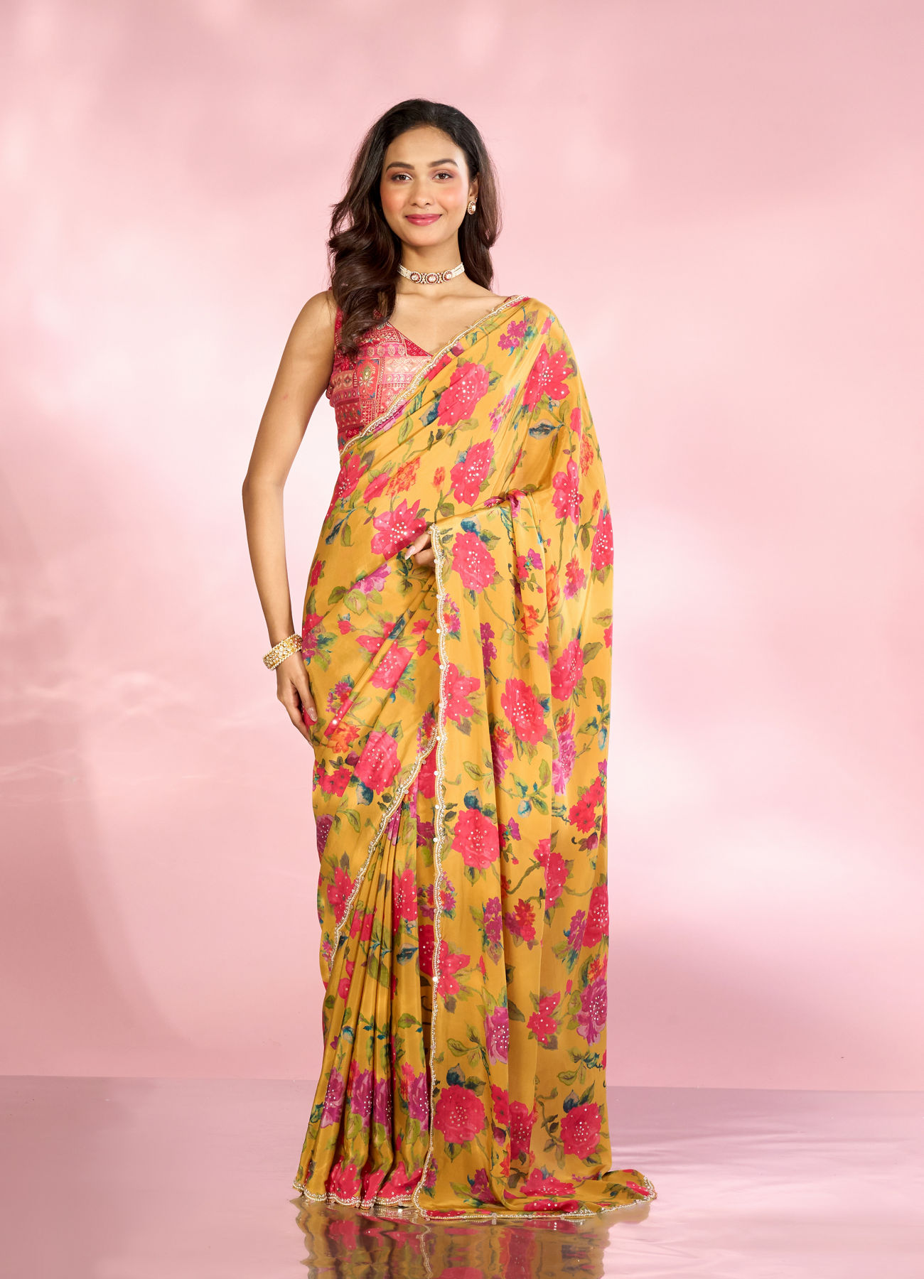 Mohey Women Radiant Mustard Yellow Satin Saree
