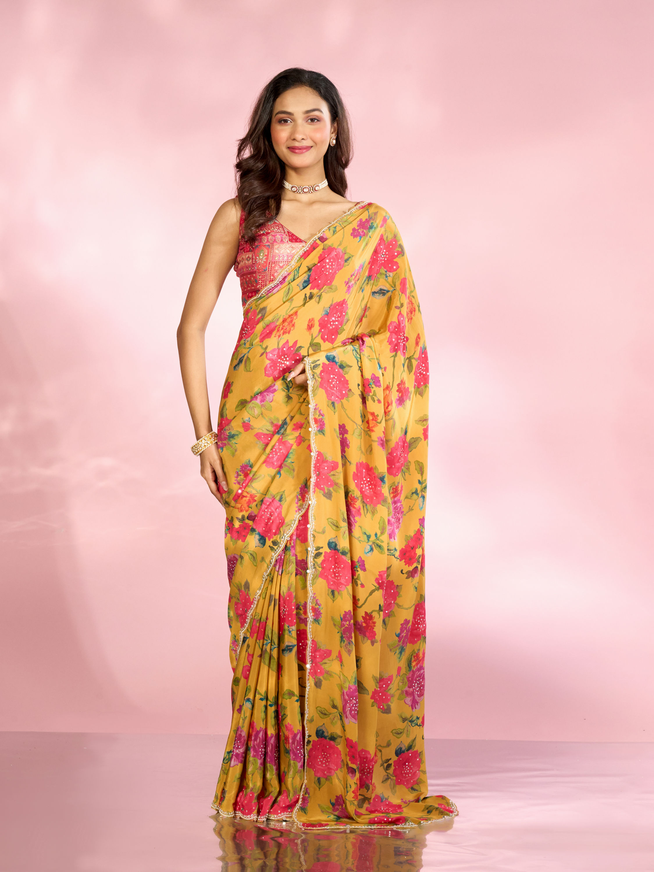 Mohey Women Radiant Mustard Yellow Satin Saree