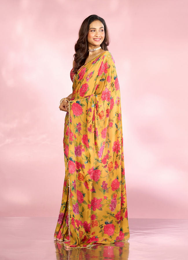 Mohey Women Radiant Mustard Yellow Satin Saree
