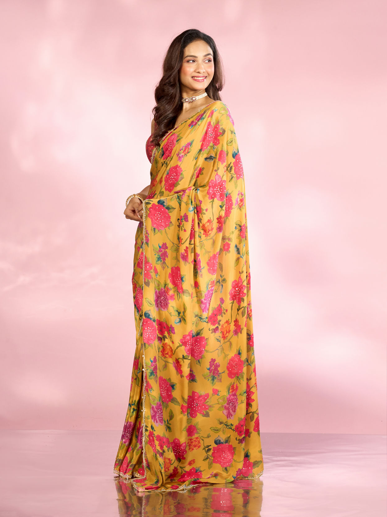 Mohey Women Radiant Mustard Yellow Satin Saree