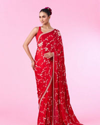 Mohey Women Elegant Red Chinon Bridal Saree