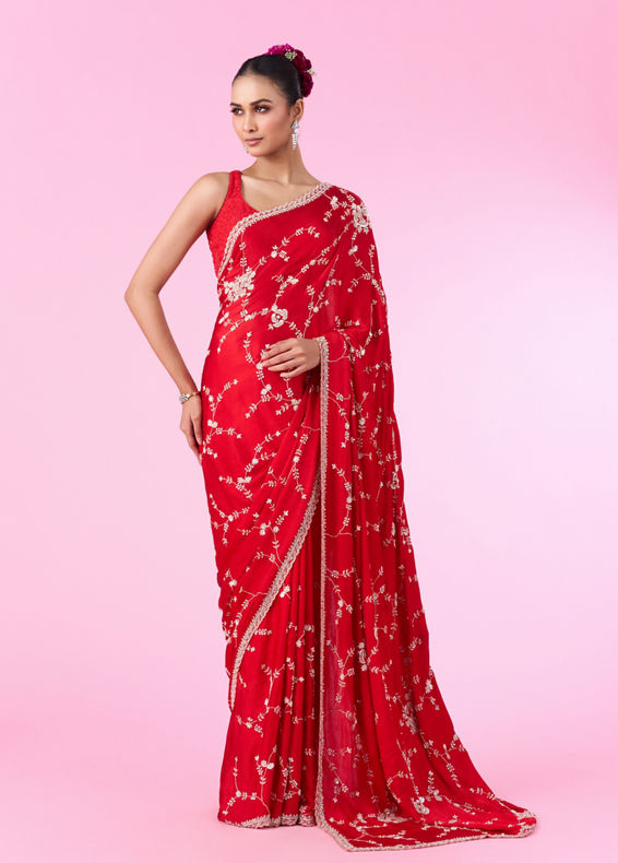 Mohey Women Elegant Red Chinon Bridal Saree