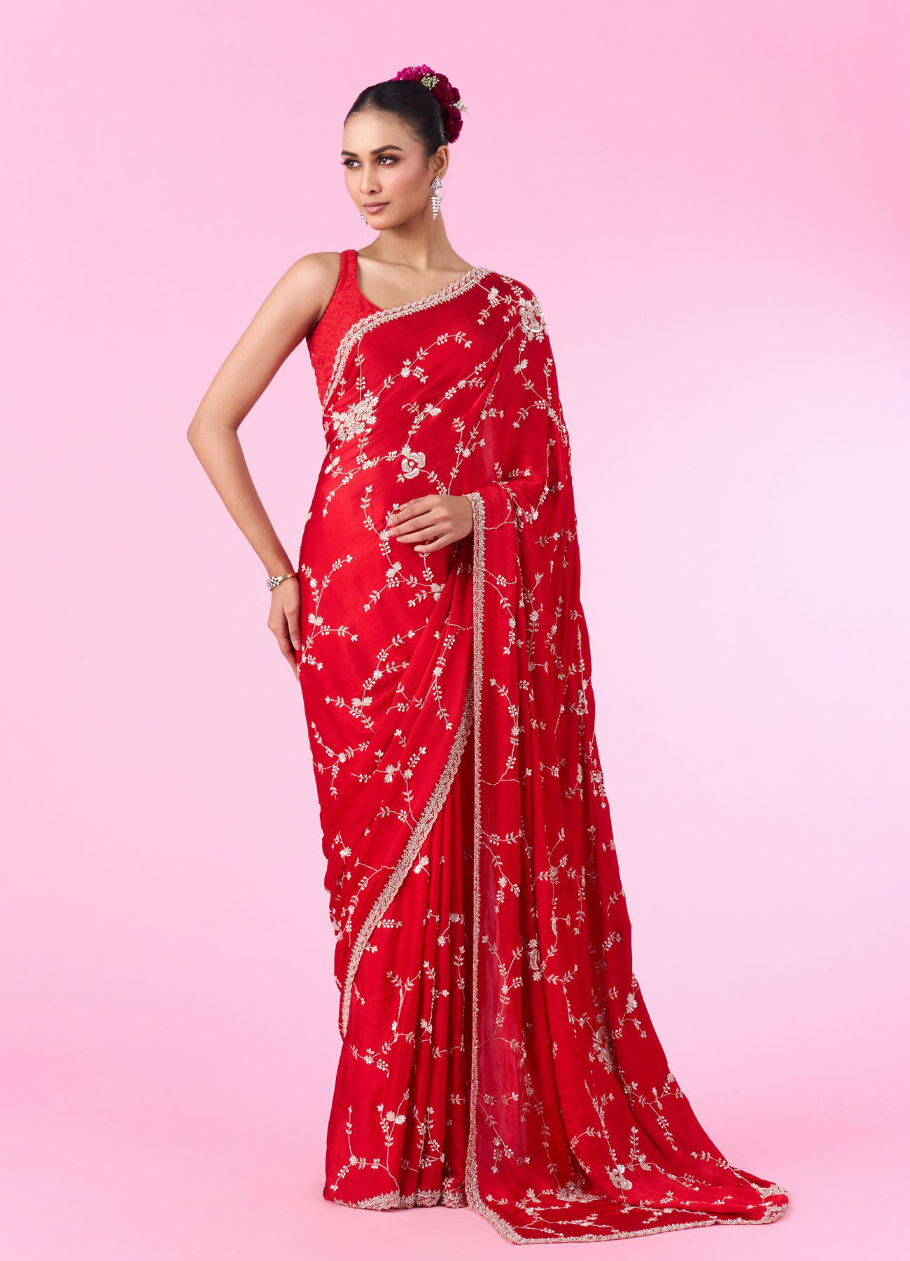 Mohey Women Elegant Red Chinon Bridal Saree