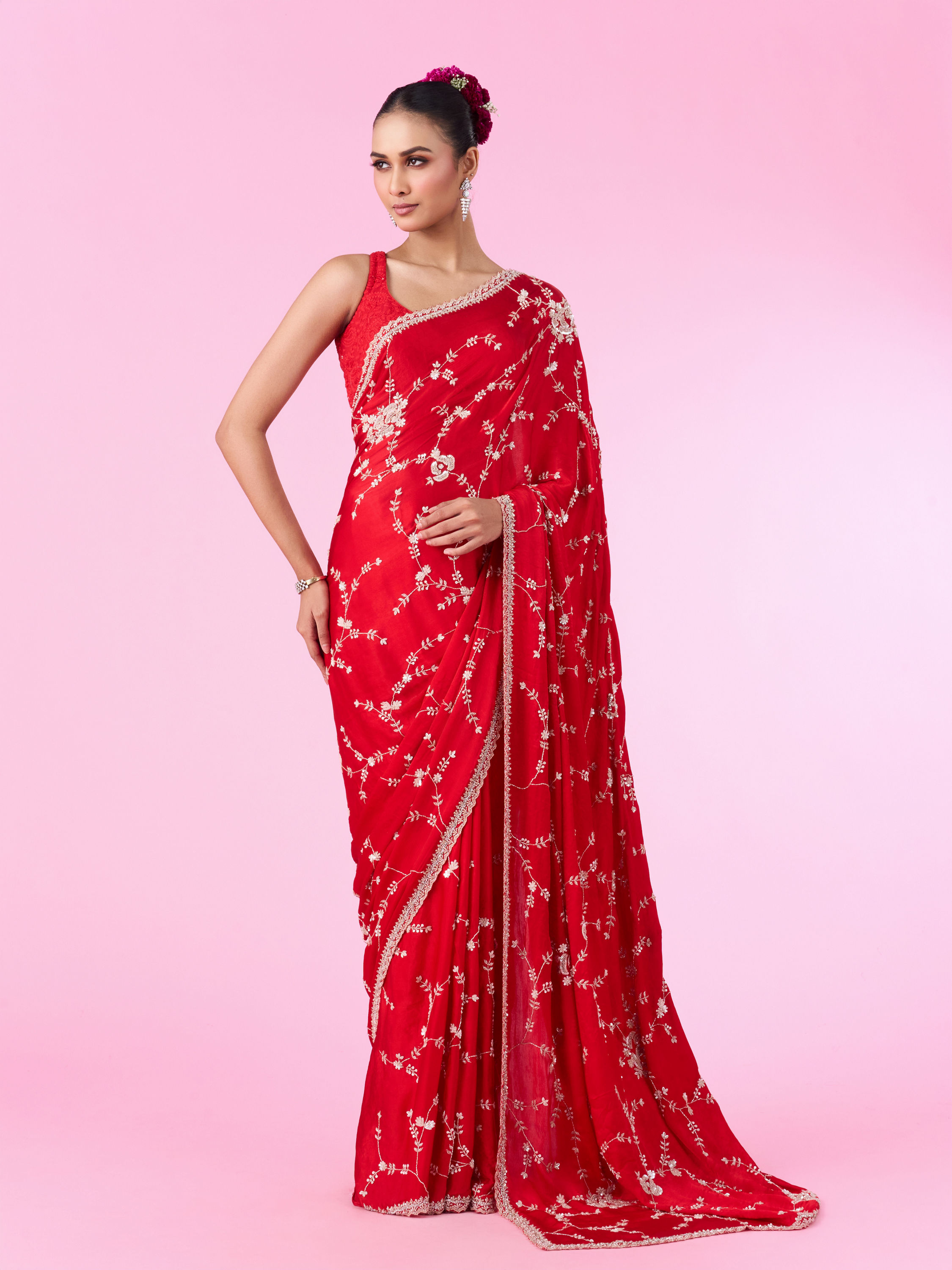 Mohey Women Elegant Red Chinon Bridal Saree