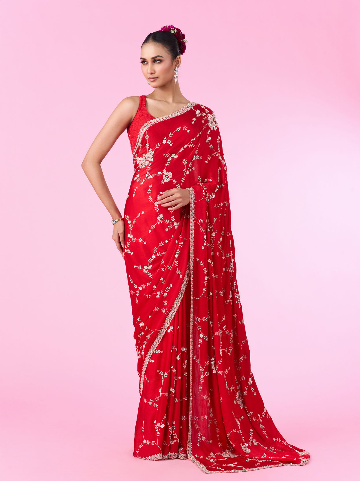 Mohey Women Elegant Red Chinon Bridal Saree