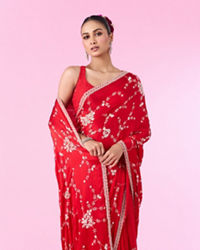 Mohey Women Elegant Red Chinon Bridal Saree