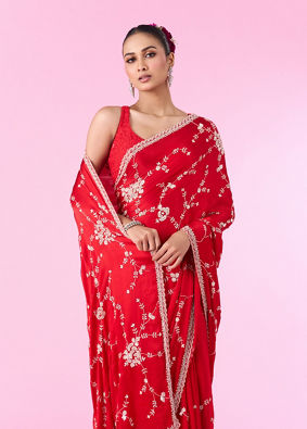 Mohey Women Elegant Red Chinon Bridal Saree