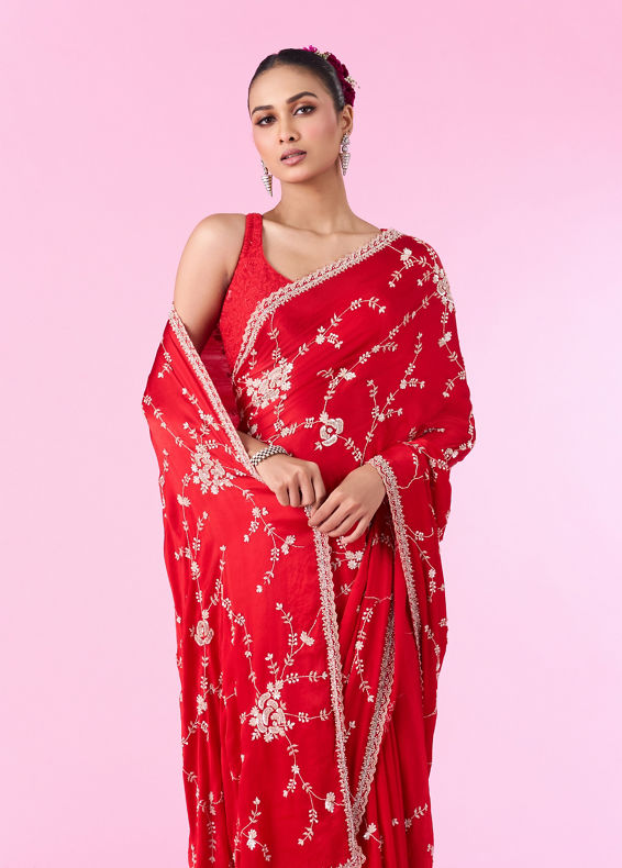 Mohey Women Elegant Red Chinon Bridal Saree
