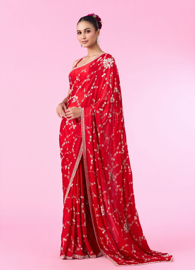 Mohey Women Elegant Red Chinon Bridal Saree
