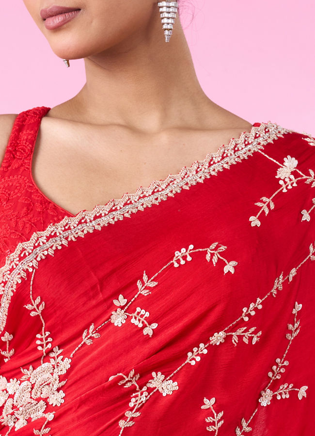Mohey Women Elegant Red Chinon Bridal Saree