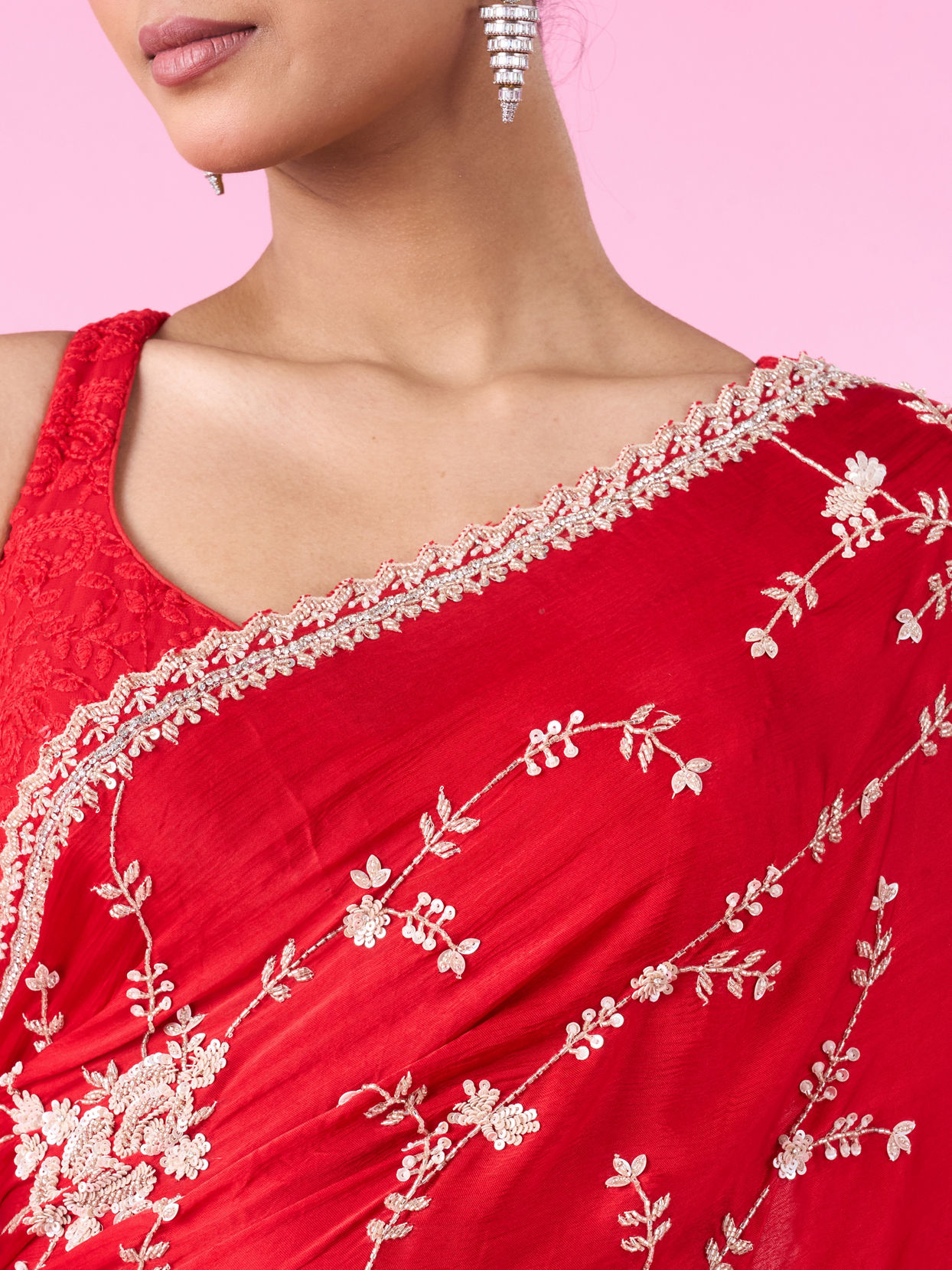 Mohey Women Elegant Red Chinon Bridal Saree