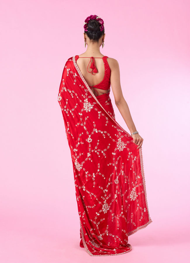 Mohey Women Elegant Red Chinon Bridal Saree