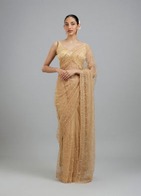 Mohey Women Beige Net Festive Saree