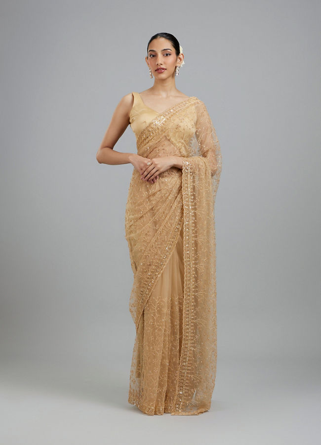 Mohey Women Beige Net Festive Saree