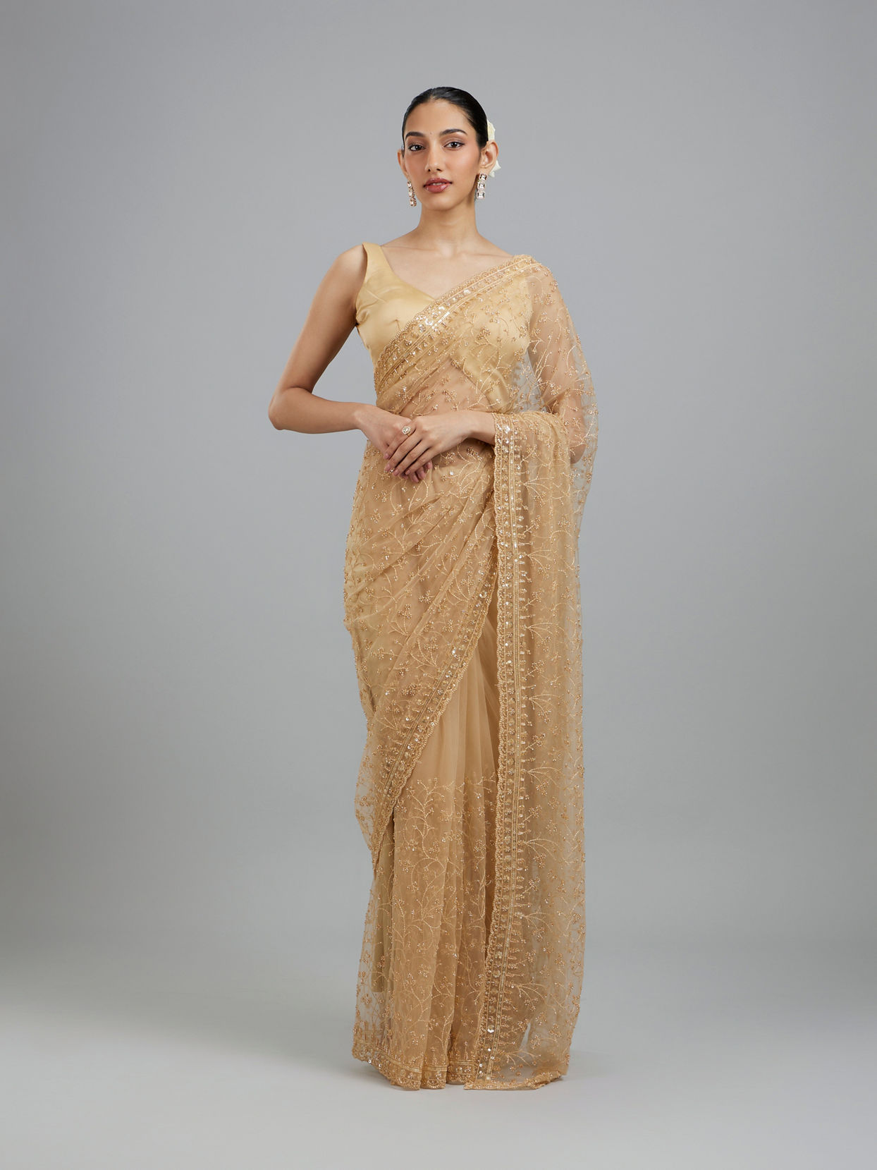 Mohey Women Beige Net Festive Saree