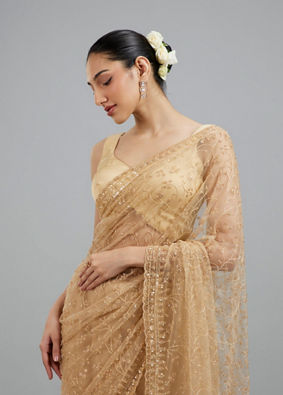 Mohey Women Beige Net Festive Saree