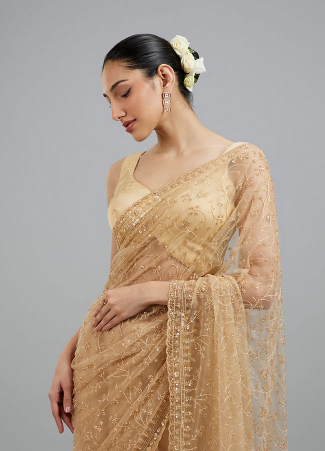 Mohey Women Beige Net Festive Saree
