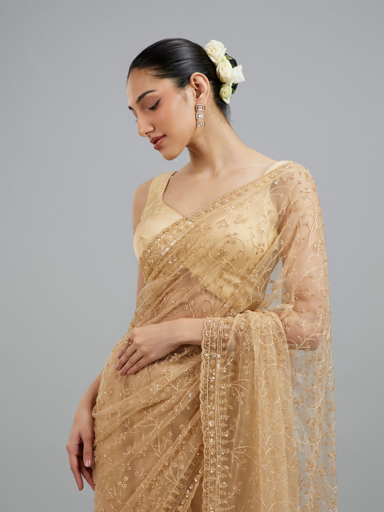 Mohey Women Beige Net Festive Saree