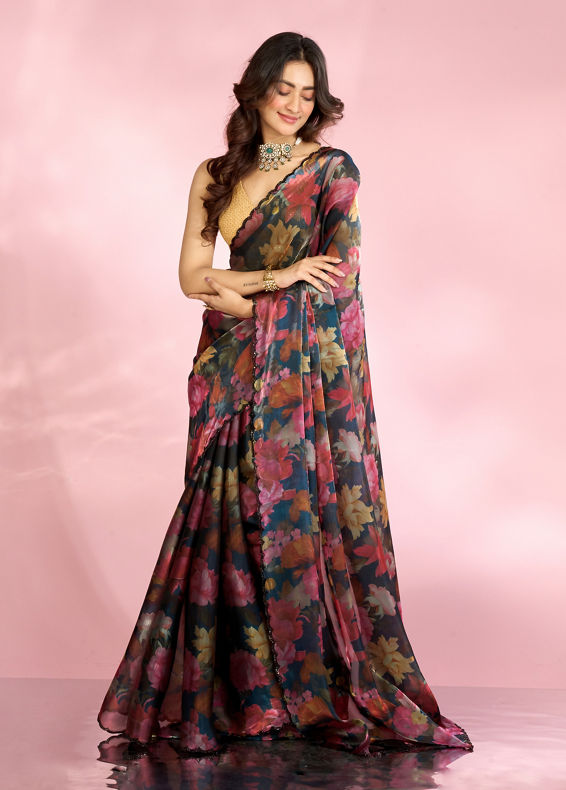 Mohey Women Elegant Blue Organza Saree