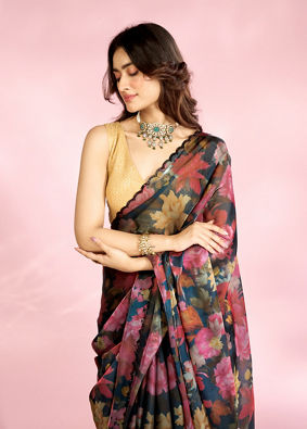 Mohey Women Elegant Blue Organza Saree
