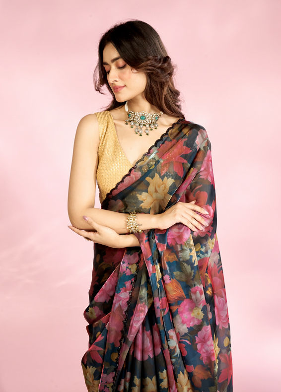 Mohey Women Elegant Blue Organza Saree