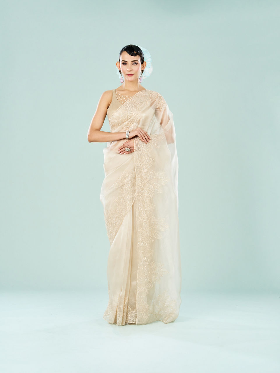 Mohey Women Cream Colored Vision of Elegance Saree