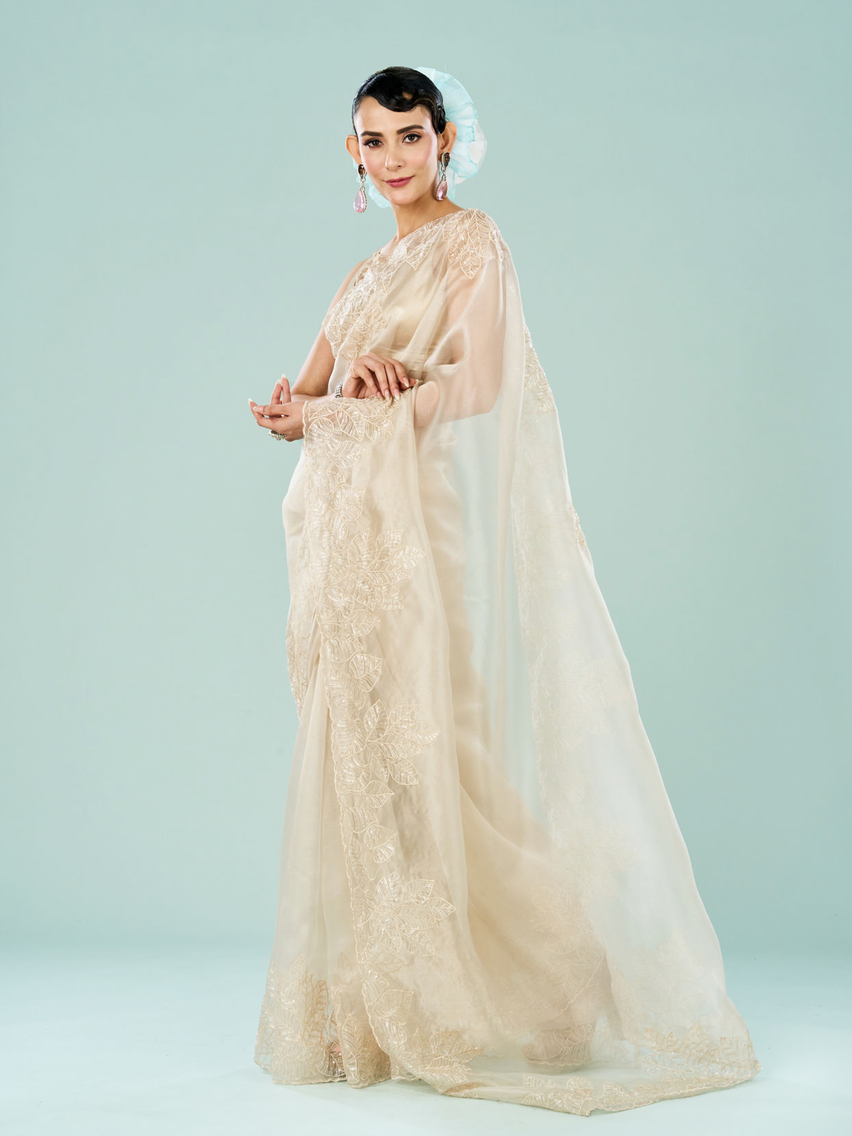 Mohey Women Cream Colored Vision of Elegance Saree