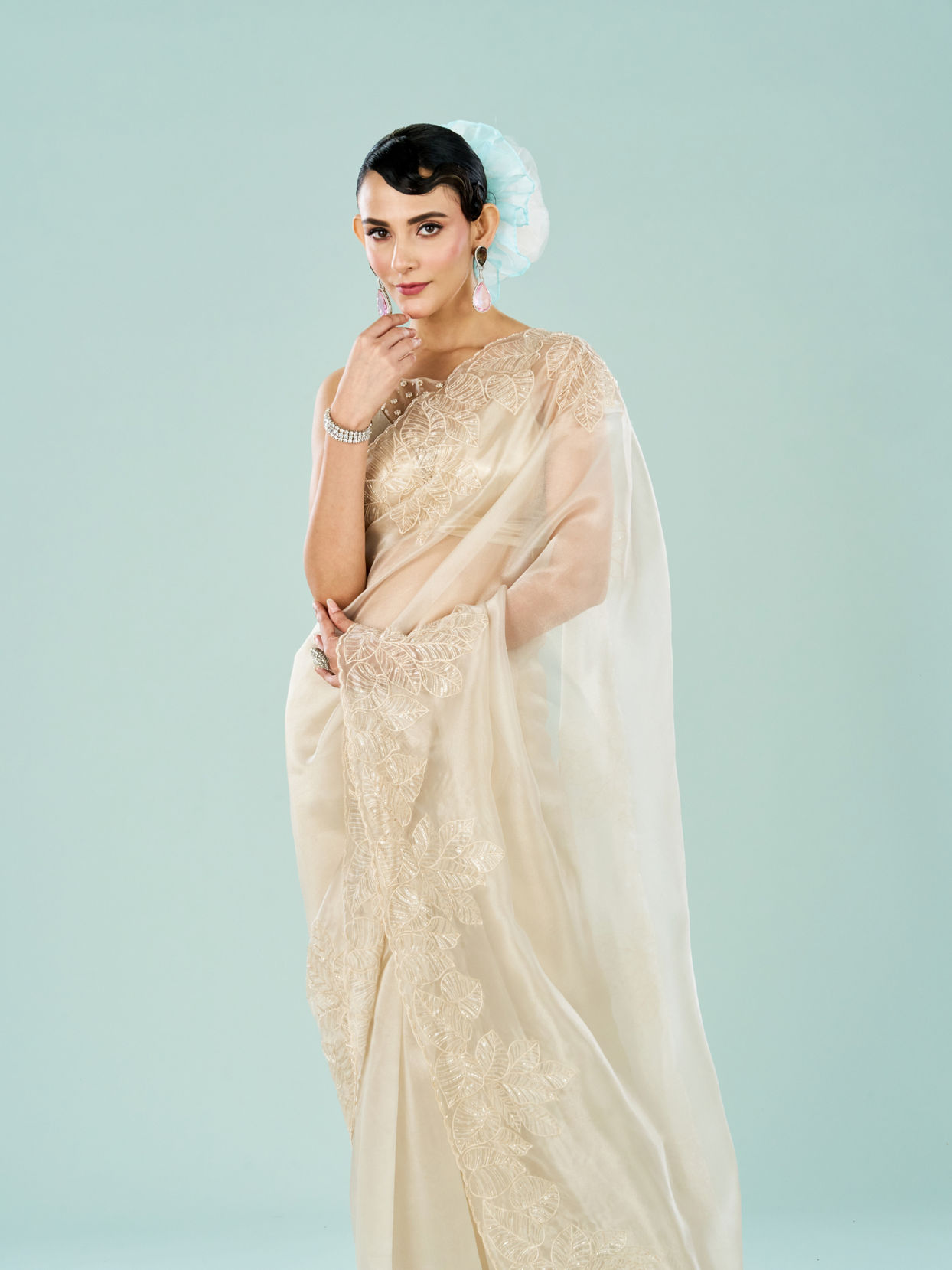 Mohey Women Cream Colored Vision of Elegance Saree