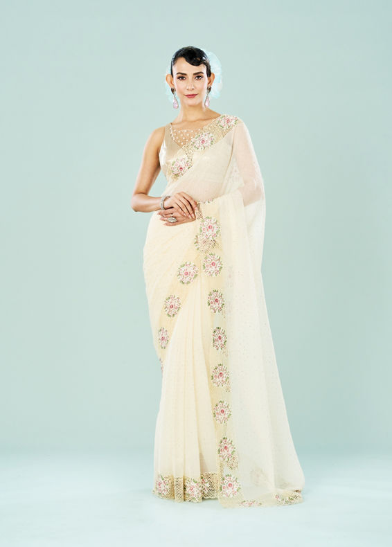 Mohey Women Elegant Cream Chiffon Saree