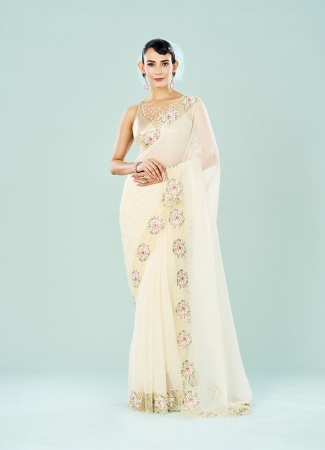 Mohey Women Elegant Cream Chiffon Saree